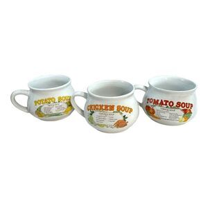 Set Of 3 Vintage Recipe Soup Mugs Bowls Handle Vintage Tomato Chicken & Potato